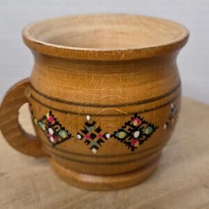 Vintage Hand Carved Wood Cup Folk Art Painted Floral Design Wooden‎ Mug Numbered
